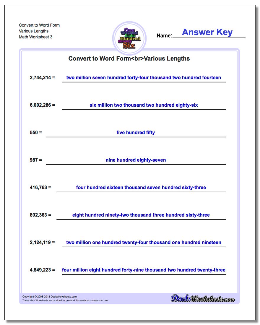Convert to Word Form Worksheet Various Lengths