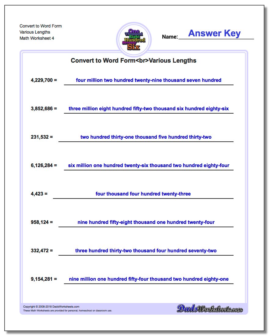 Convert to Word Form Worksheet Various Lengths