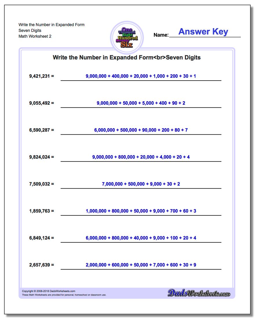 Write the Number in Expanded Form Worksheet Seven Digits www.dadsworksheets.com/worksheets/standard-expanded-and-word-form.html