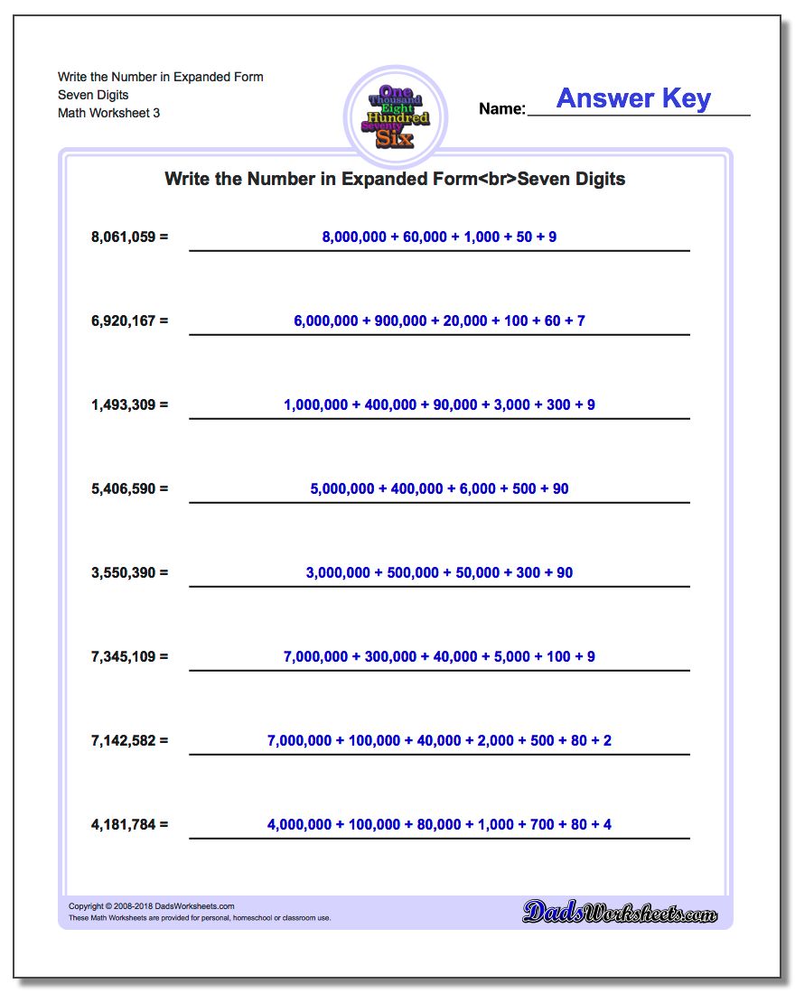 Write the Number in Expanded Form Worksheet Seven Digits
