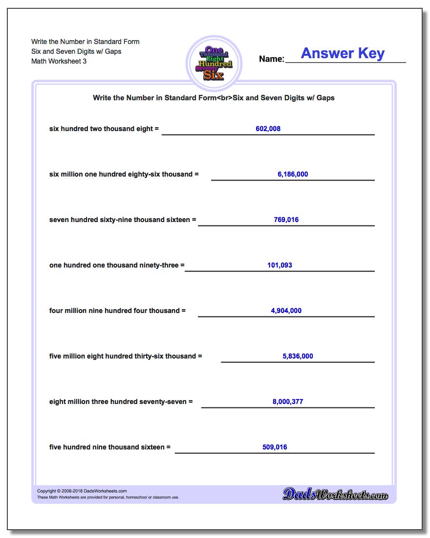 Write the Number in Standard Form Worksheet Six and Seven Digits w/ Gaps