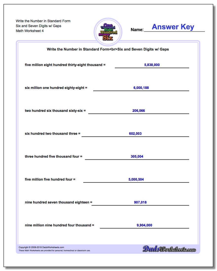 Write the Number in Standard Form Worksheet Six and Seven Digits w/ Gaps