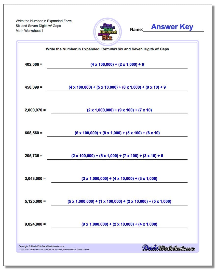 Standard, Expanded and Word Form Worksheet Write the Number in Six Seven Digits w/ Gaps