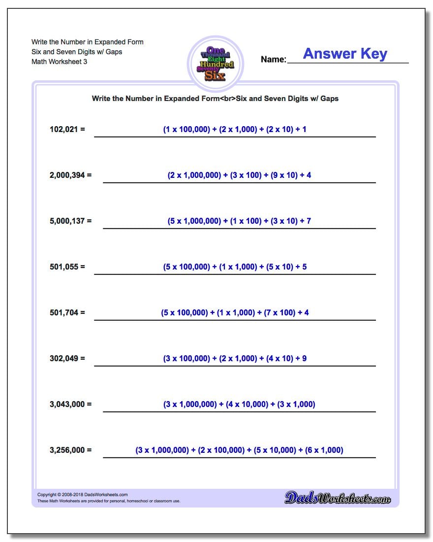 Write the Number in Expanded Form Worksheet Six and Seven Digits w/ Gaps