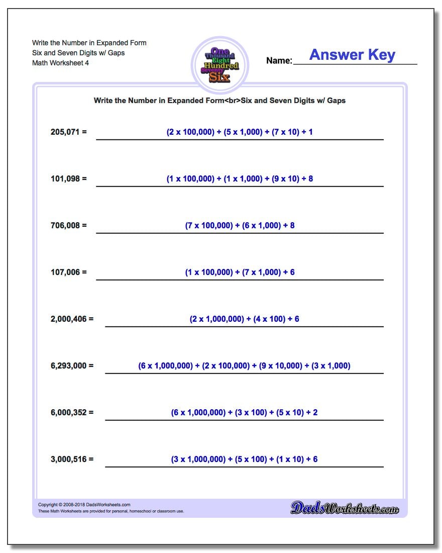 Write the Number in Expanded Form Worksheet Six and Seven Digits w/ Gaps