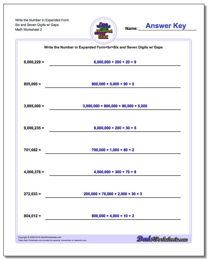 Write the Number in Expanded Form Worksheet Six and Seven Digits w/ Gaps www.dadsworksheets.com/worksheets/standard-expanded-and-word-form.html
