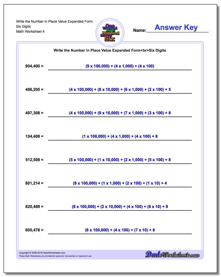 Write the Number in Place Value Expanded Form Worksheet Six Digits