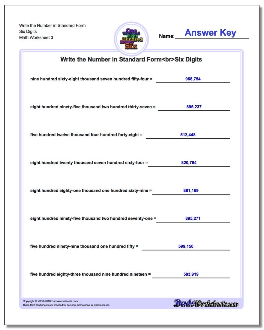 Write the Number in Standard Form Worksheet Six Digits