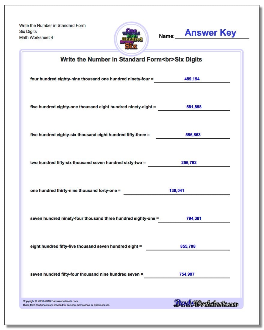 Write the Number in Standard Form Worksheet Six Digits