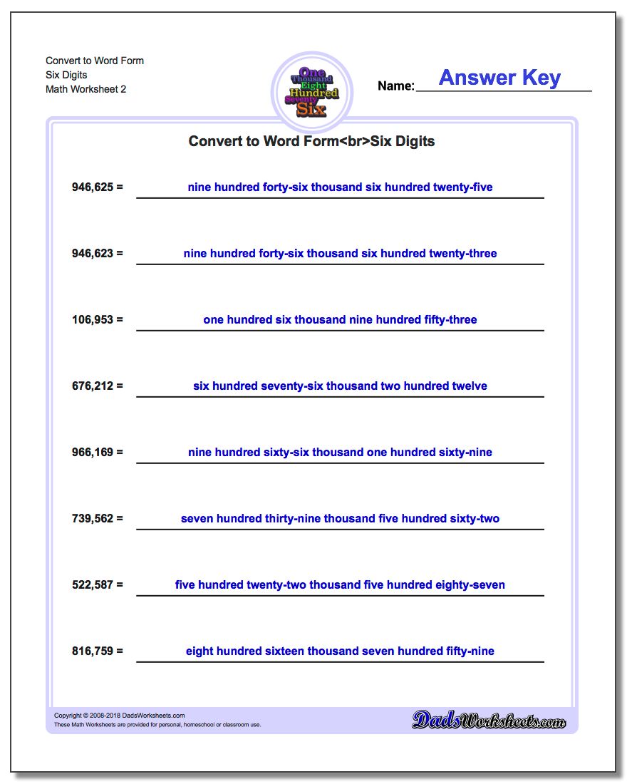 Convert to Word Form Worksheet Six Digits www.dadsworksheets.com/worksheets/standard-expanded-and-word-form.html
