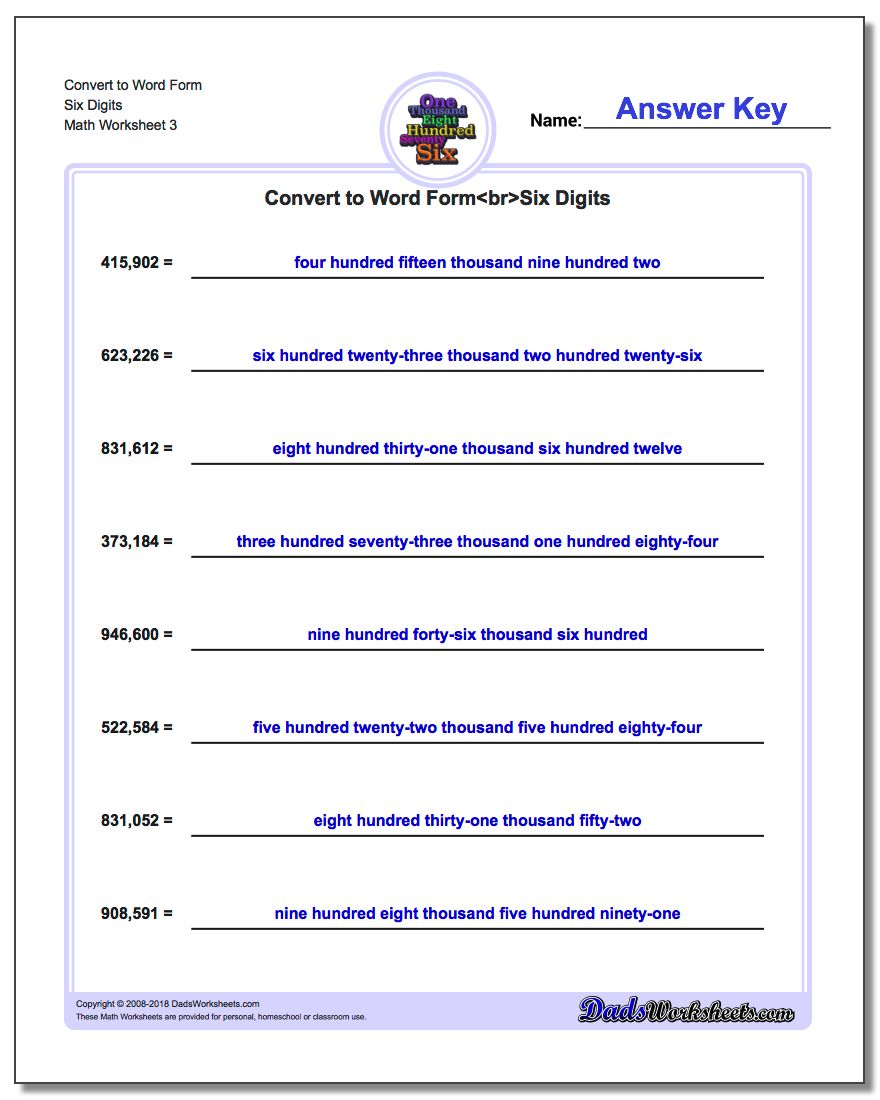 Convert to Word Form Worksheet Six Digits