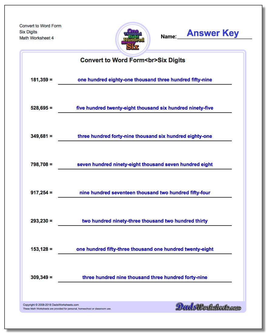 Convert to Word Form Worksheet Six Digits
