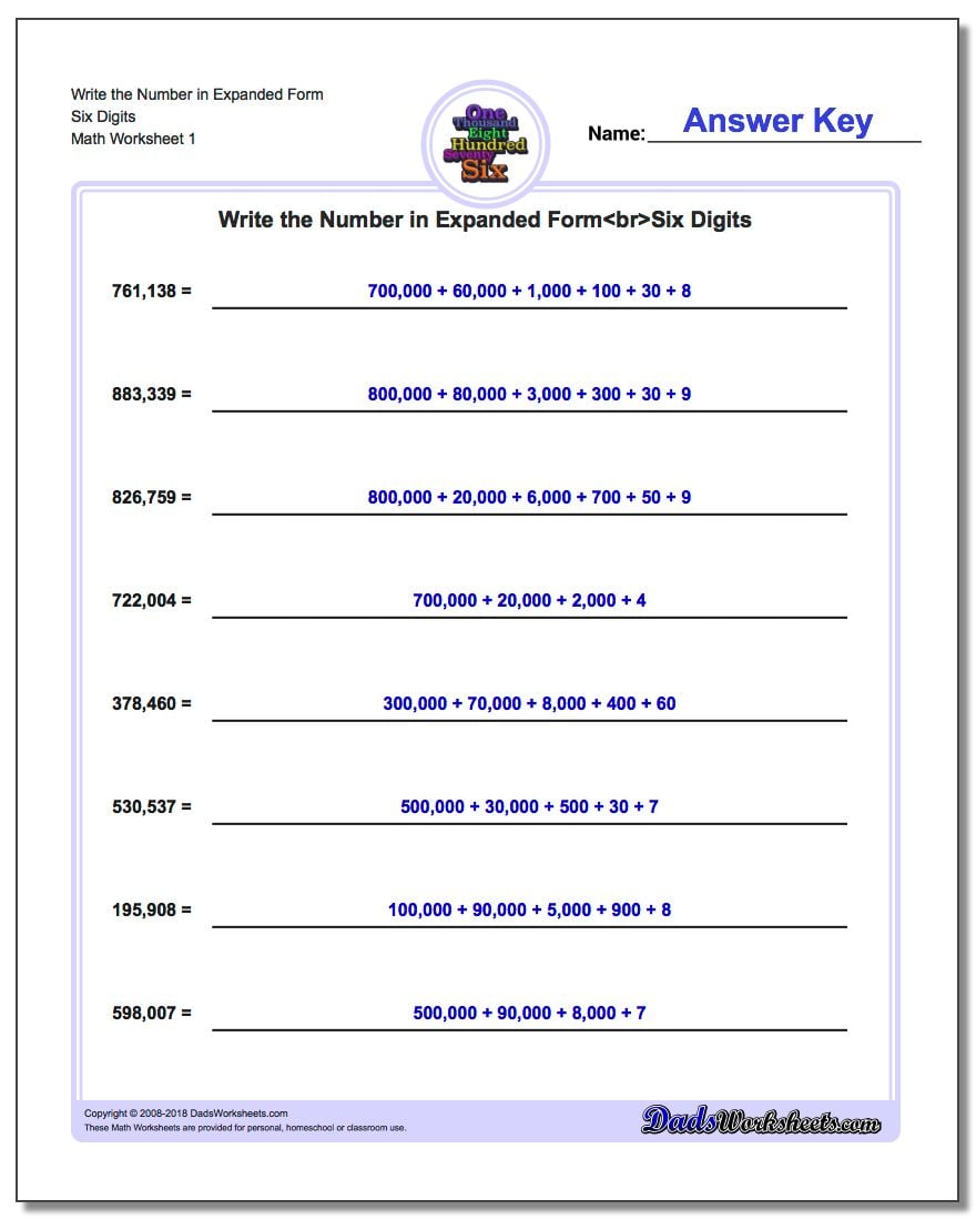 Expanded Form Six Digit Numbers Worksheets