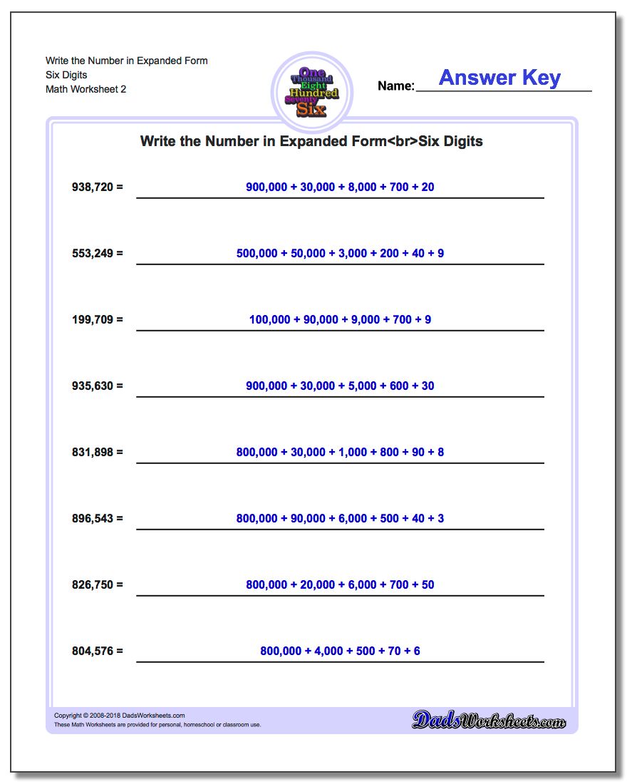 Write the Number in Expanded Form Worksheet Six Digits www.dadsworksheets.com/worksheets/standard-expanded-and-word-form.html
