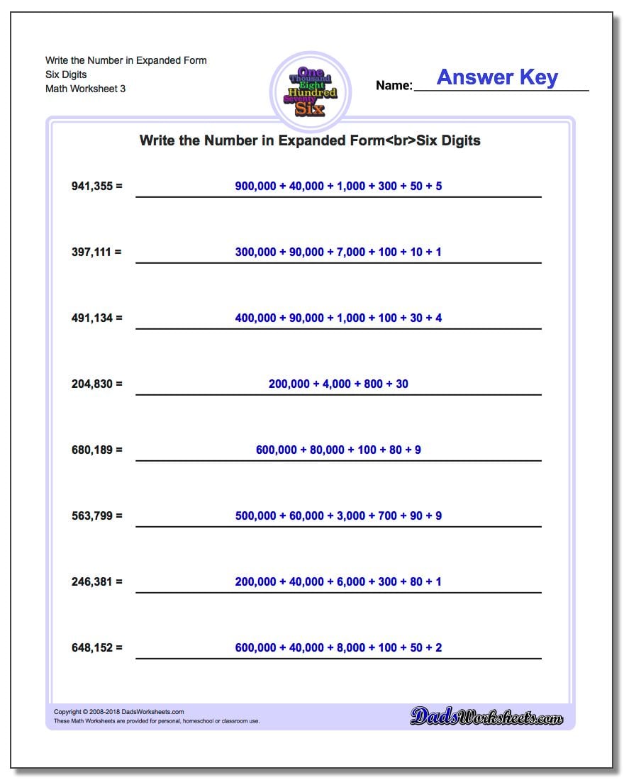 Write the Number in Expanded Form Worksheet Six Digits