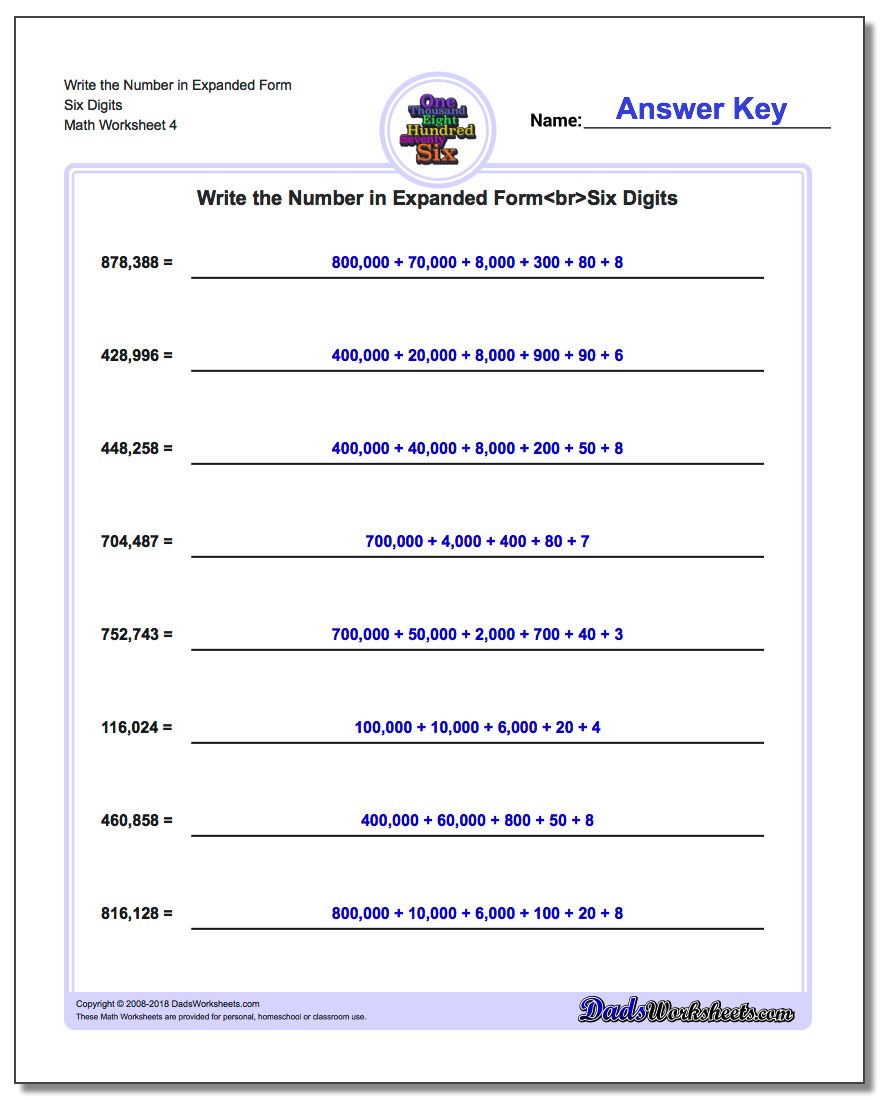 Write the Number in Expanded Form Worksheet Six Digits
