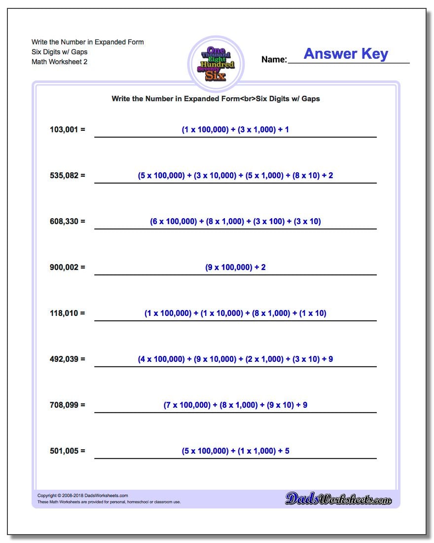 Write the Number in Expanded Form Worksheet Six Digits w/ Gaps www.dadsworksheets.com/worksheets/standard-expanded-and-word-form.html