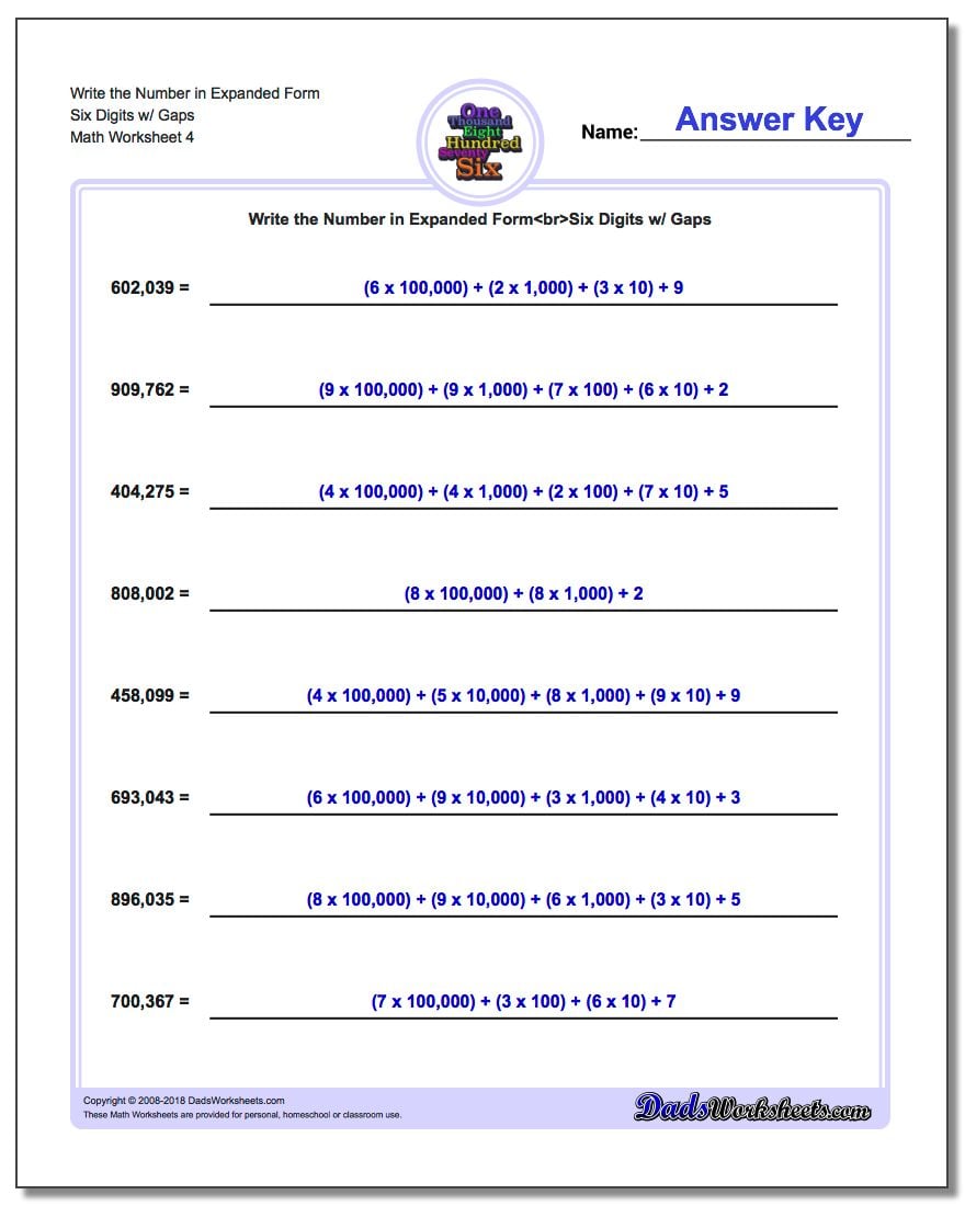 Write the Number in Expanded Form Worksheet Six Digits w/ Gaps