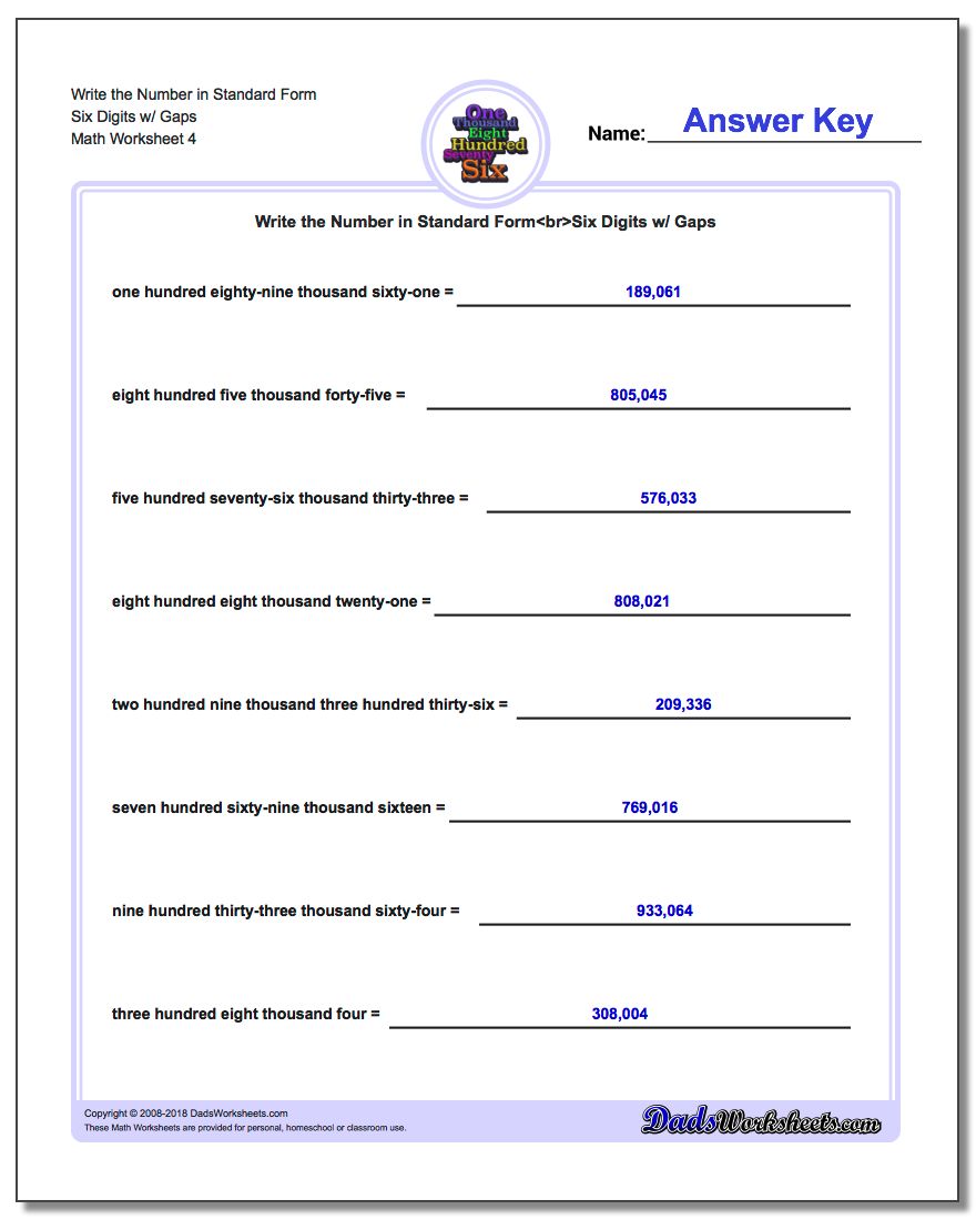 Write the Number in Standard Form Worksheet Six Digits w/ Gaps