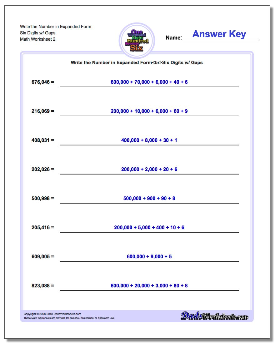 Write the Number in Expanded Form Worksheet Six Digits w/ Gaps www.dadsworksheets.com/worksheets/standard-expanded-and-word-form.html
