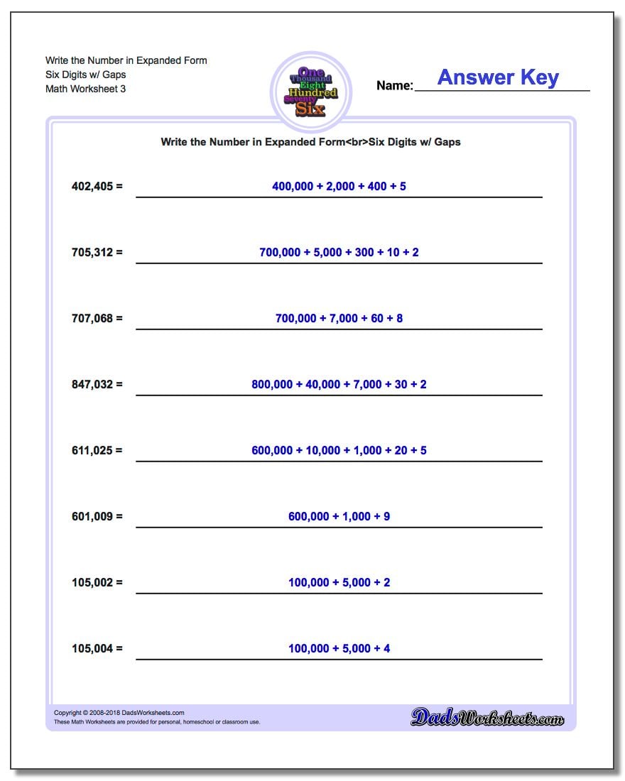 Write the Number in Expanded Form Worksheet Six Digits w/ Gaps