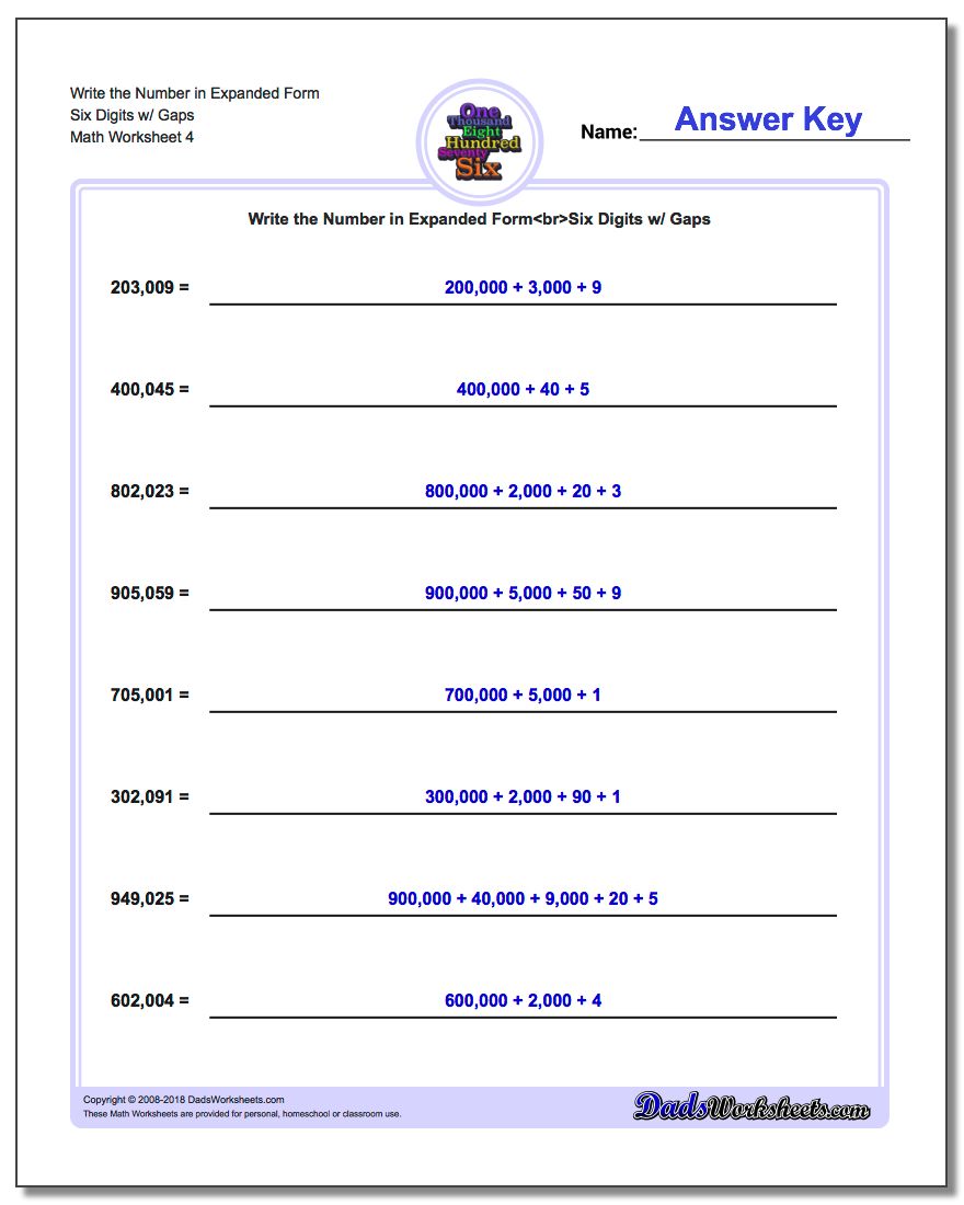 Write the Number in Expanded Form Worksheet Six Digits w/ Gaps