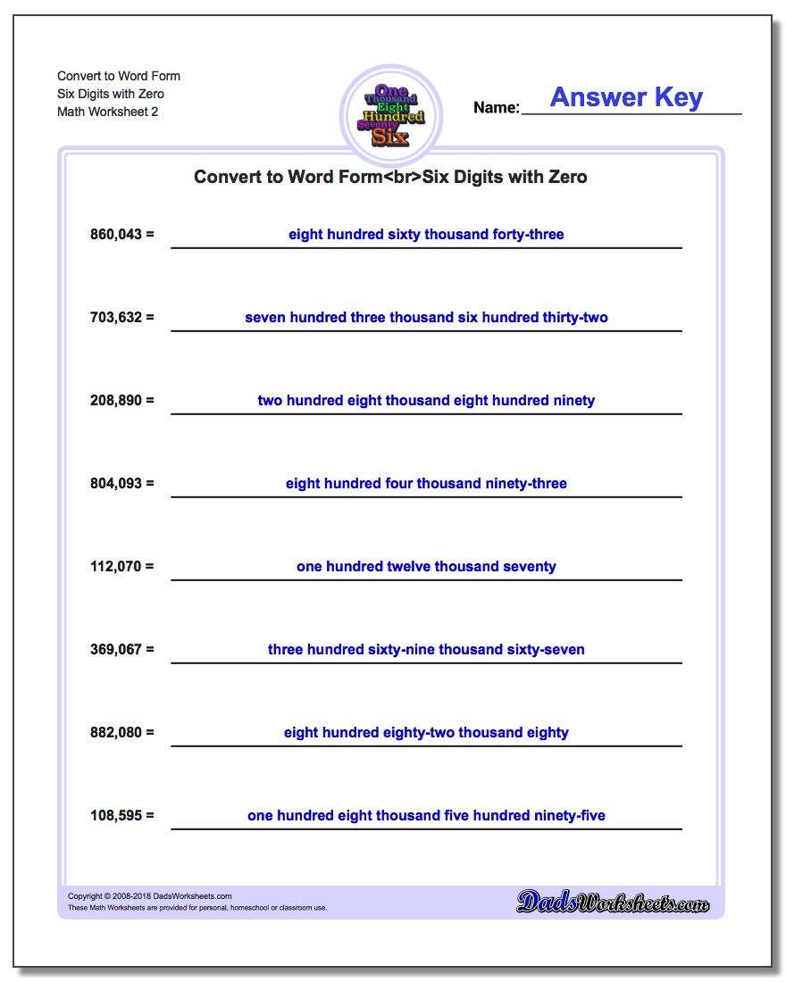 Convert to Word Form Worksheet Six Digits with Zero www.dadsworksheets.com/worksheets/standard-expanded-and-word-form.html