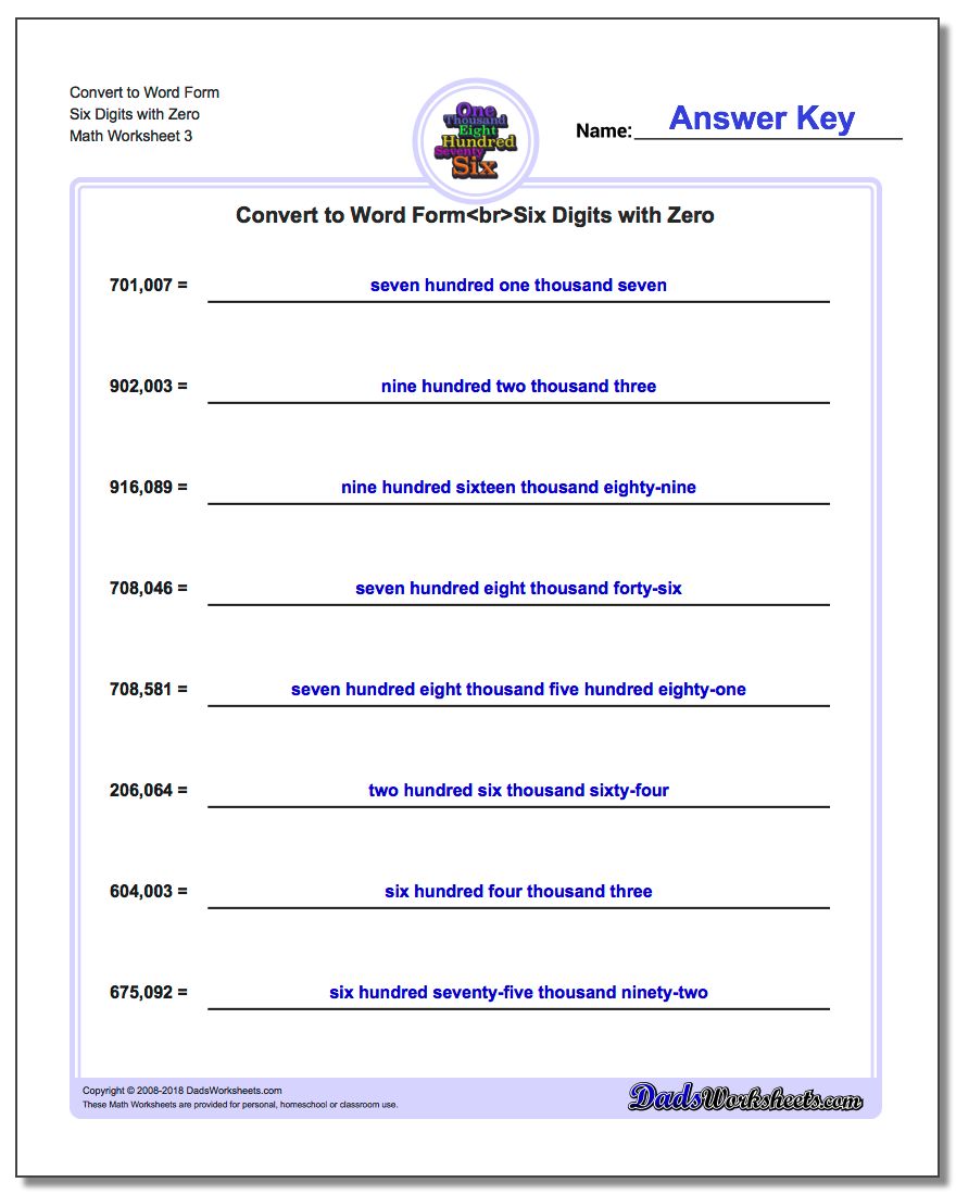 Convert to Word Form Worksheet Six Digits with Zero