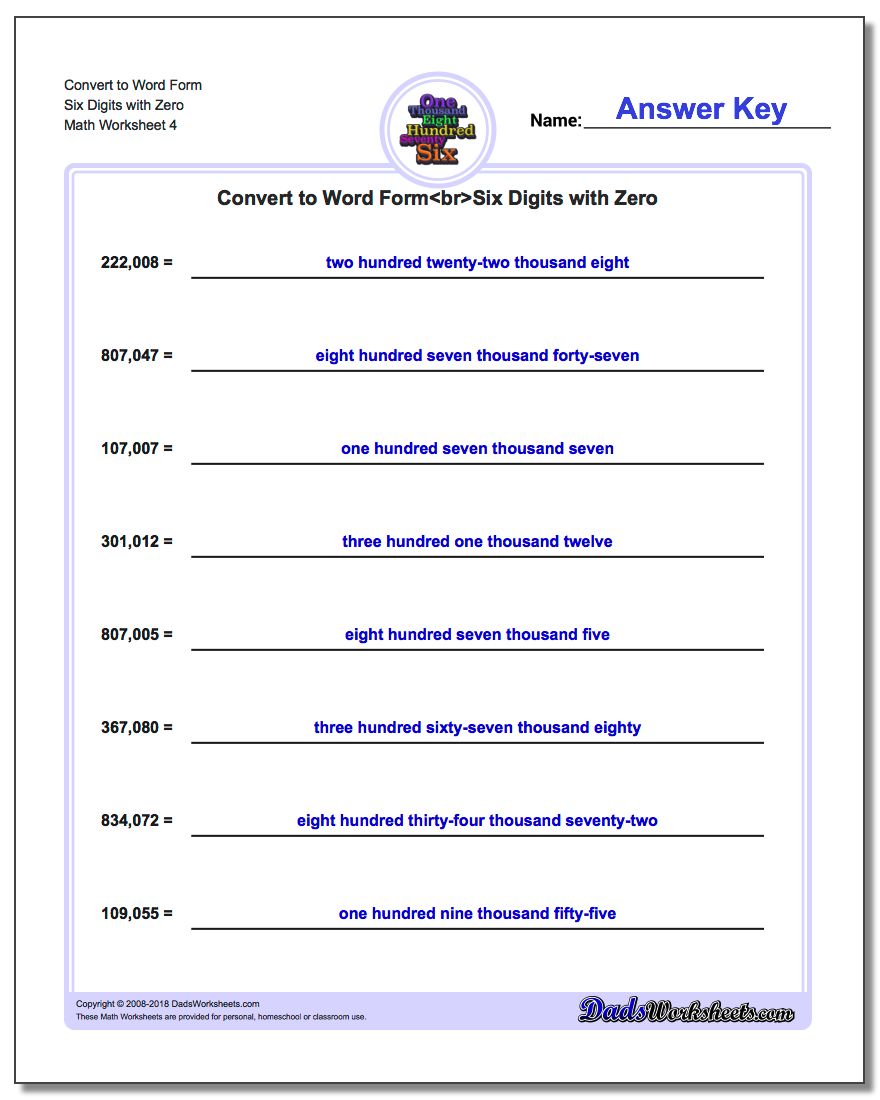 Convert to Word Form Worksheet Six Digits with Zero