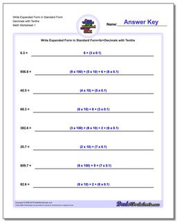 Standard, Expanded and Word Form Worksheet Write in Decimals with Tenths