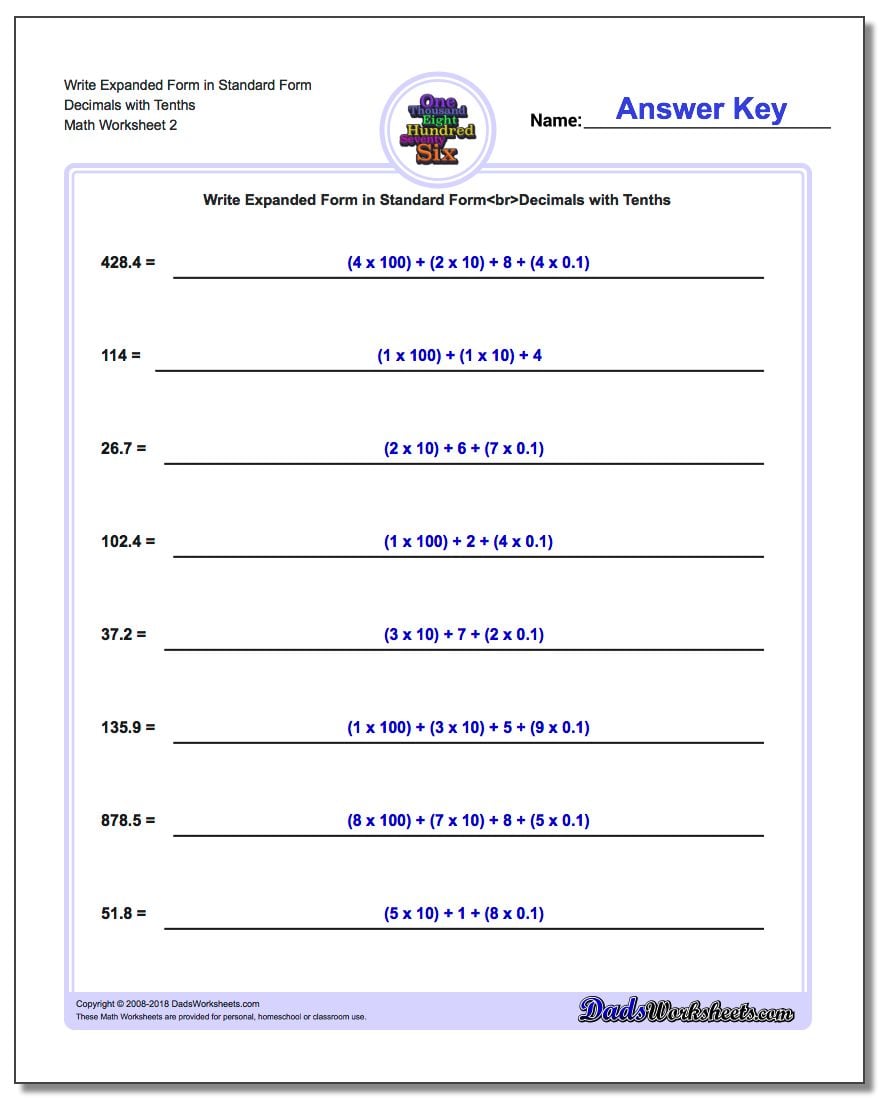 Write Expanded Form Worksheet in Standard Form Decimals with Tenths www.dadsworksheets.com/worksheets/standard-expanded-and-word-form.html