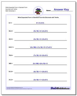 Write Expanded Form Worksheet in Standard Form Decimals with Tenths