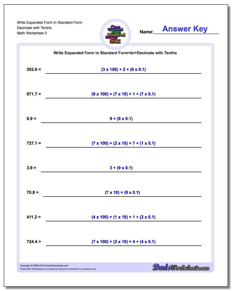 Write Expanded Form Worksheet in Standard Form Decimals with Tenths