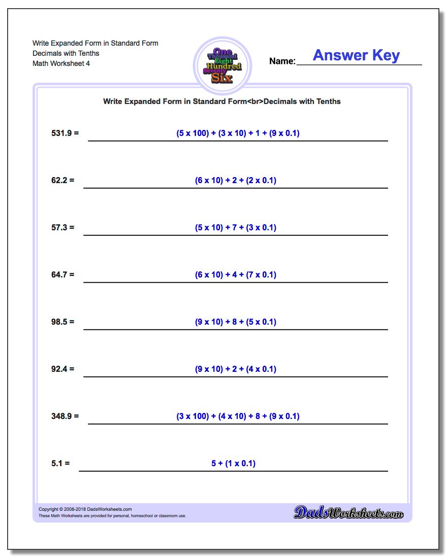 Write Expanded Form Worksheet in Standard Form Decimals with Tenths