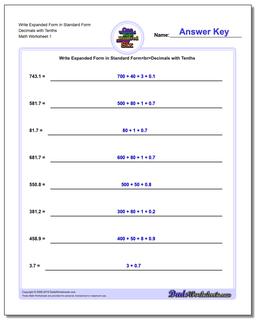 Standard, Expanded and Word Form Worksheet Write in Decimals with Tenths