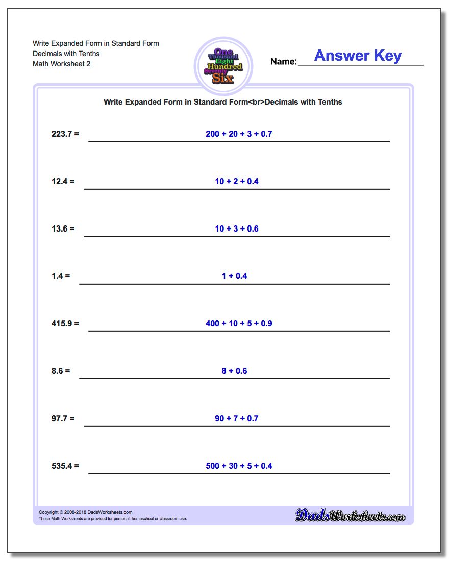 Write Expanded Form Worksheet in Standard Form Decimals with Tenths www.dadsworksheets.com/worksheets/standard-expanded-and-word-form.html