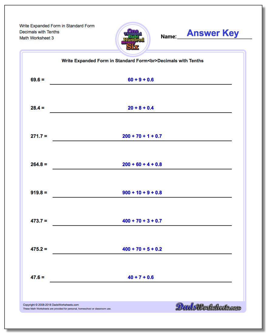 Write Expanded Form Worksheet in Standard Form Decimals with Tenths