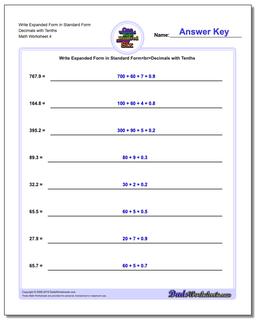 Write Expanded Form Worksheet in Standard Form Decimals with Tenths