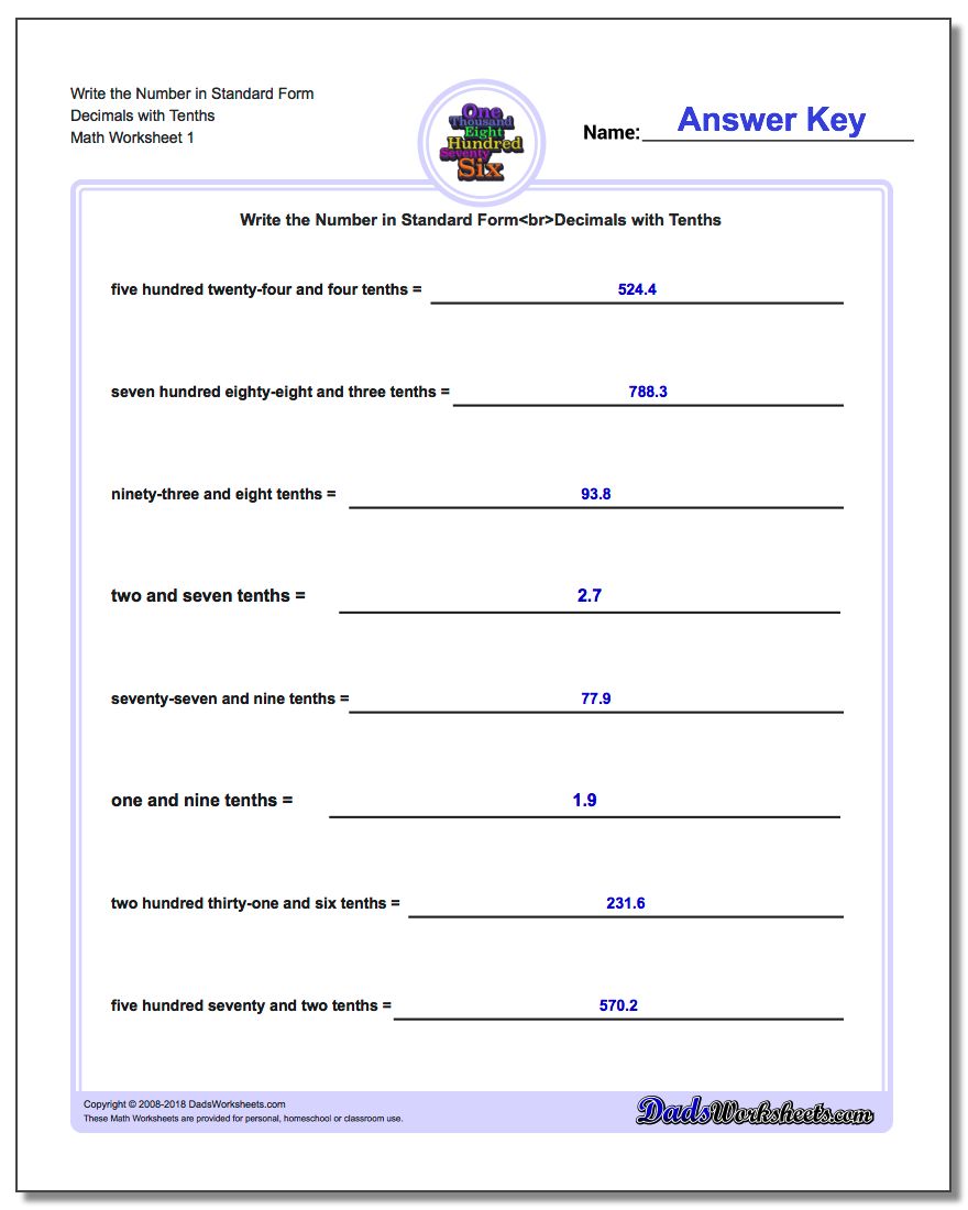 Standard, Expanded and Word Form Worksheet Write the Number in Decimals with Tenths