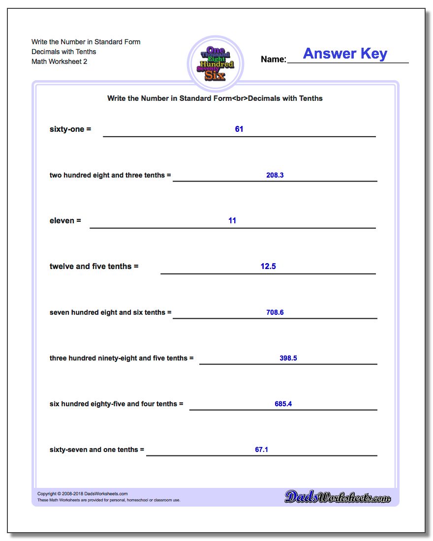Write the Number in Standard Form Worksheet Decimals with Tenths www.dadsworksheets.com/worksheets/standard-expanded-and-word-form.html