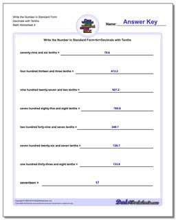 Write the Number in Standard Form Worksheet Decimals with Tenths