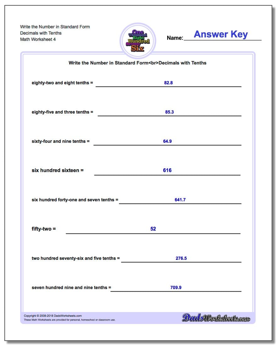 Write the Number in Standard Form Worksheet Decimals with Tenths