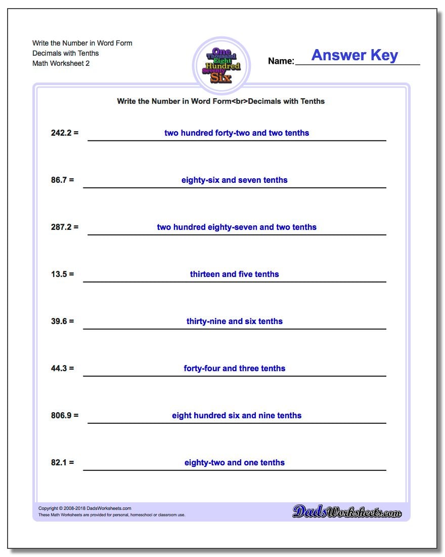 Write the Number in Word Form Worksheet Decimals with Tenths www.dadsworksheets.com/worksheets/standard-expanded-and-word-form.html