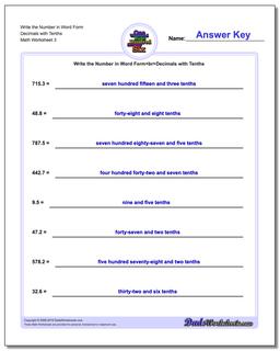 Write the Number in Word Form Worksheet Decimals with Tenths