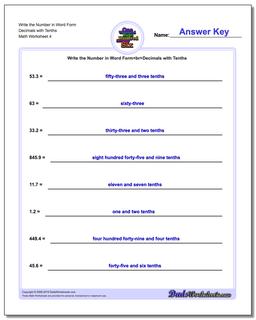 Write the Number in Word Form Worksheet Decimals with Tenths