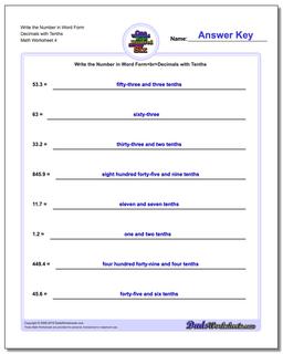 Write the Number in Word Form Worksheet Decimals with Tenths