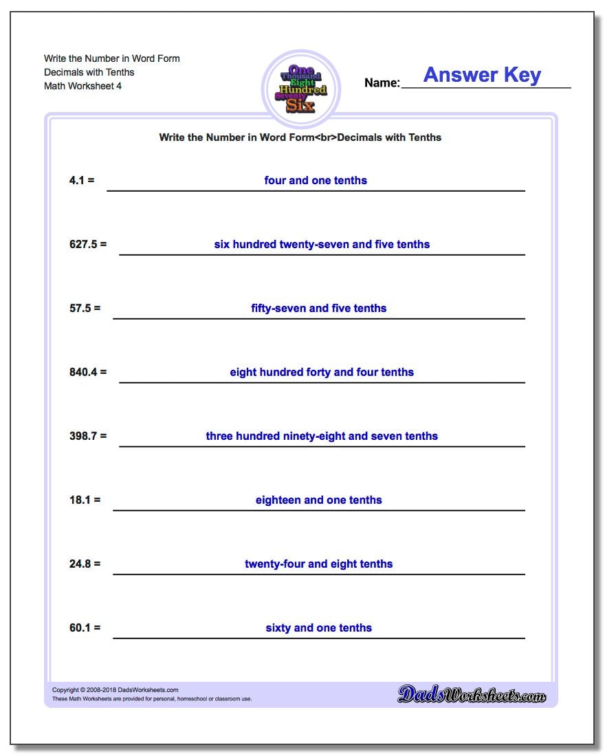 Write the Number in Word Form Worksheet Decimals with Tenths