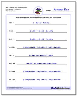 Standard, Expanded and Word Form Worksheet Write in Decimals with Thousandths