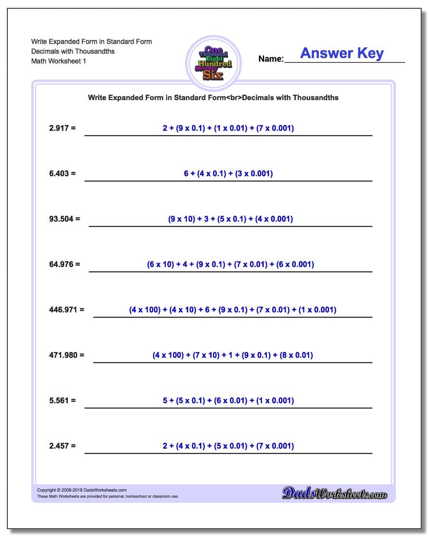 Standard, Expanded and Word Form Worksheet Write in Decimals with Thousandths