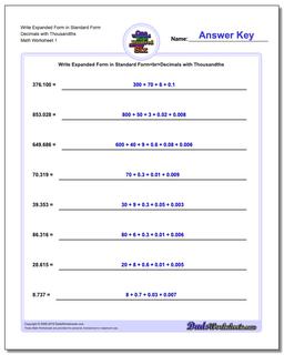 Standard, Expanded and Word Form Worksheet Write in Decimals with Thousandths